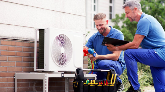 Technicians working on heat pump outside